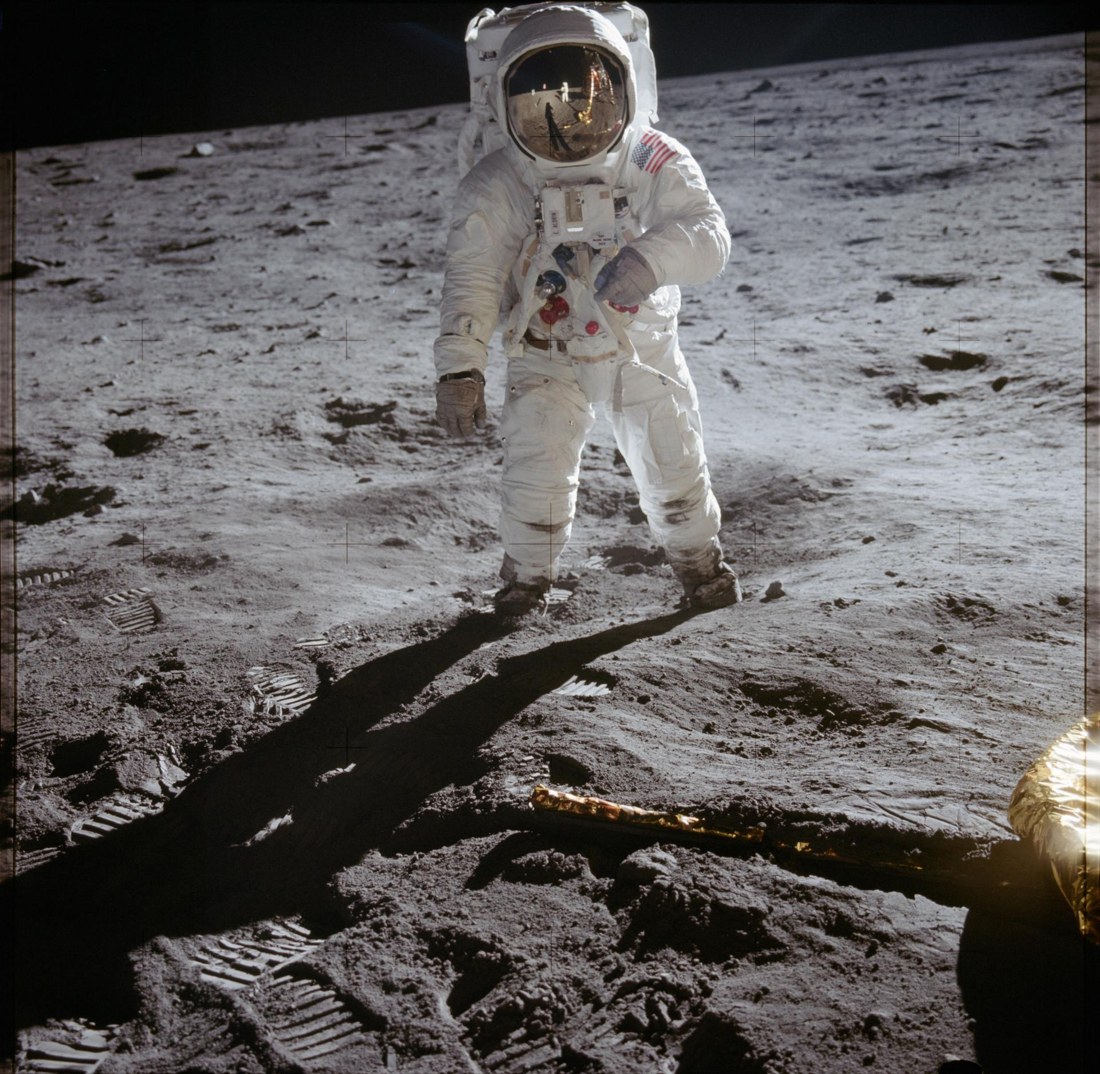 Buzz Aldrin standing on the Moon during Apollo 11